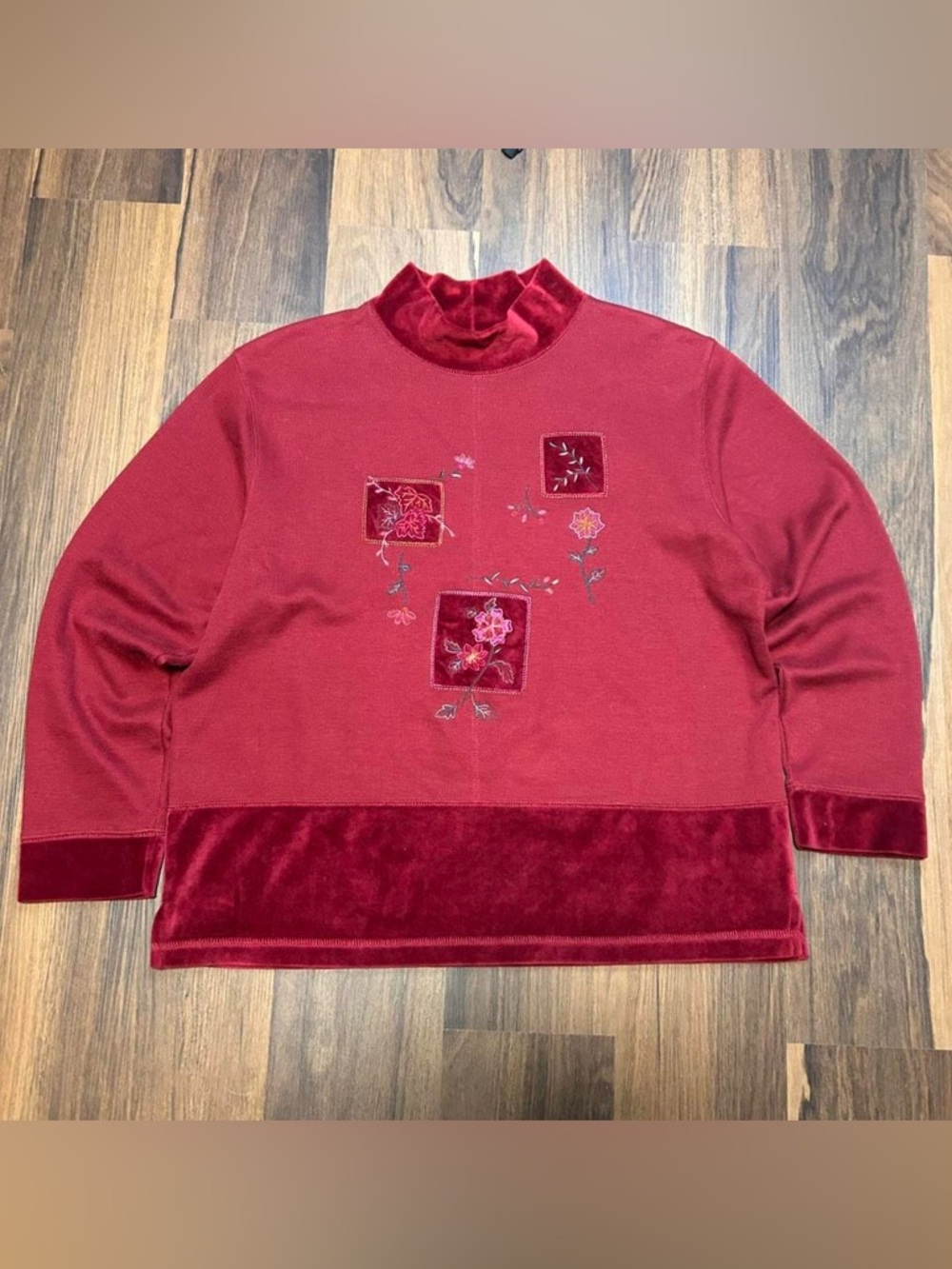 Vintage Erika Velvet-Trim Embroidered Burgundy Long-Sleeve Top